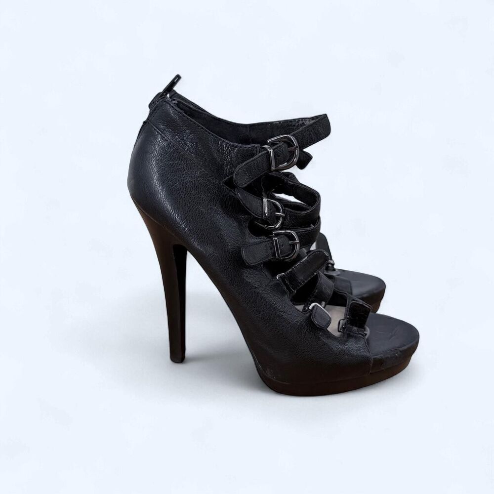 Black Leather Multi Buckle Caged Platform Heels Strappy Open Toe Pumps